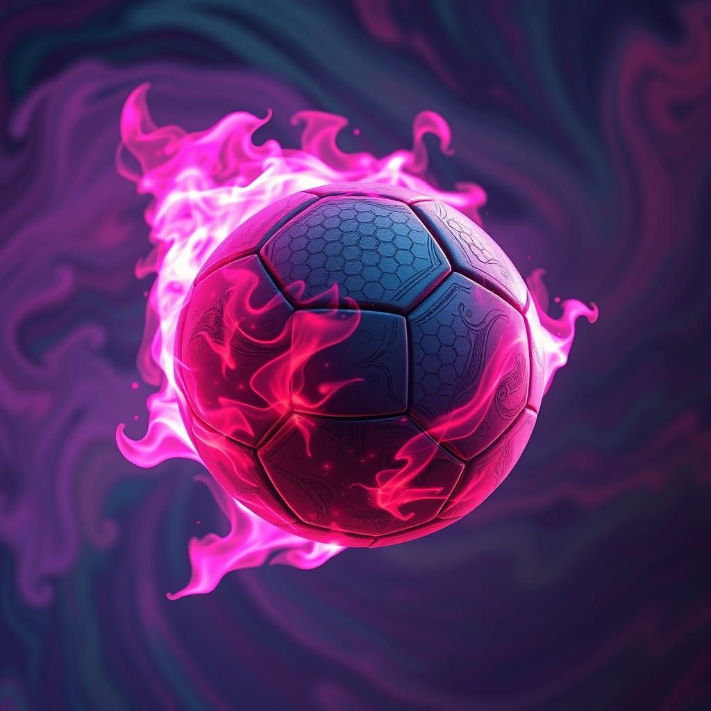 Surreal Blazing Soccer Ball in Vibrant Pink Flames, Fantasy...