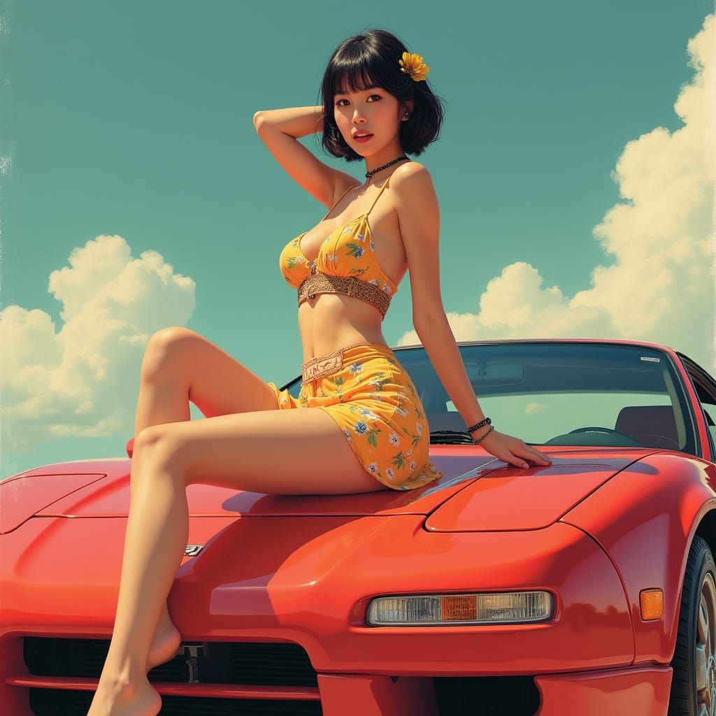 Japanese Woman on NSX in Pin-Up Art Style