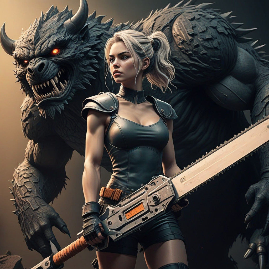 Chainsaw Warrior Battles Monstrous Foe in Dark Fantasy Art