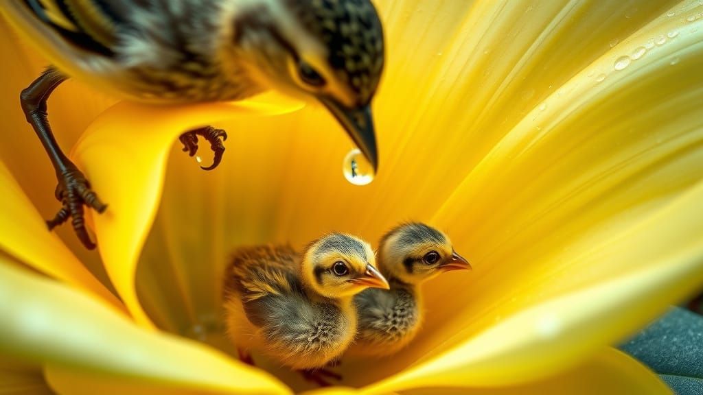 Mother Bird Protects Chicks in Yellow Blossom Sanctuary
