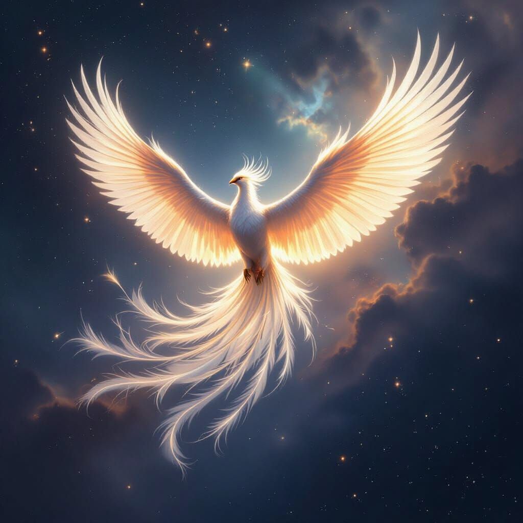 Phoenix Soaring Through Stardust Nebula in Ethereal Style