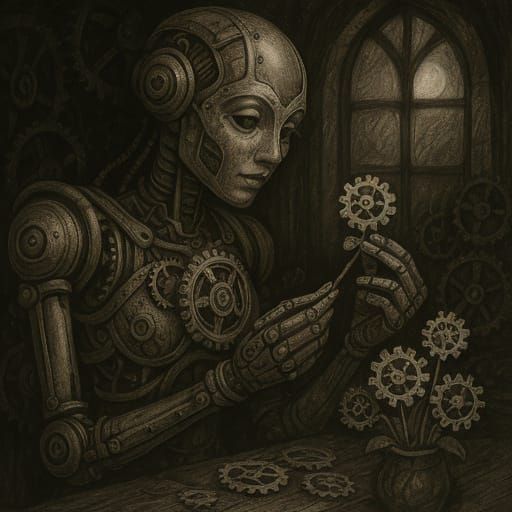 Steampunk Automaton Assembles Clockwork Flowers in Moonlit W...