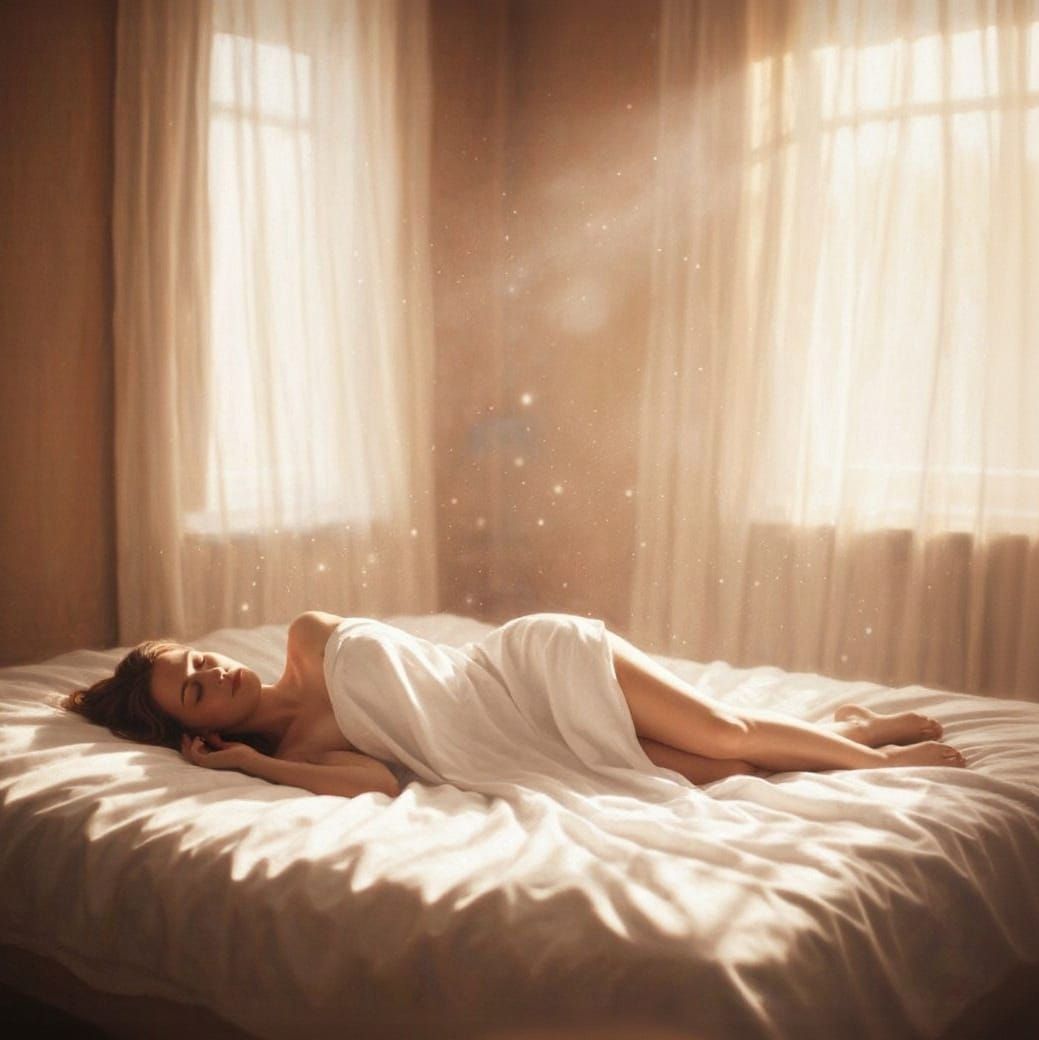 Woman Resting in Sunlit Room with Fluttering Curtains