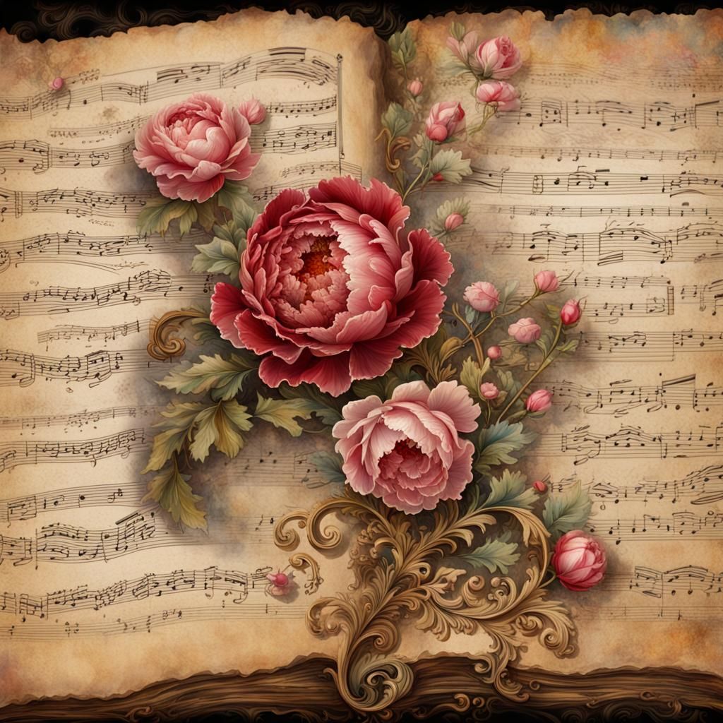 Vintage Rococo Peony and Lace Watercolor Collage