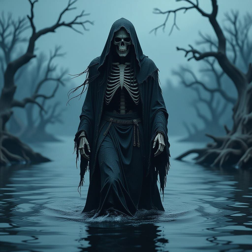 Creepy Skeleton Walking on Black Lake in Dark Fantasy Style