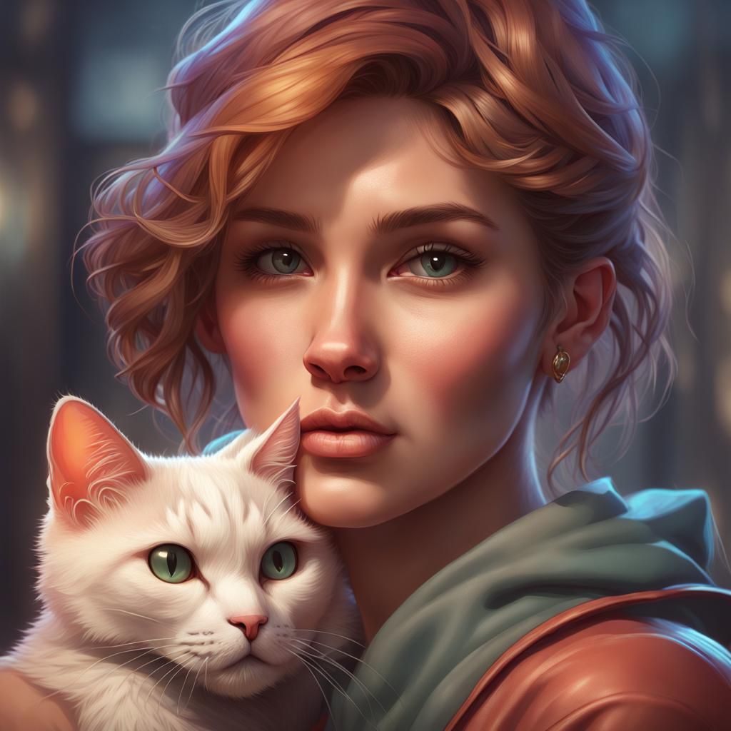 Woman with Cat: Hyperdetailed Portrait in Art Nouveau Style