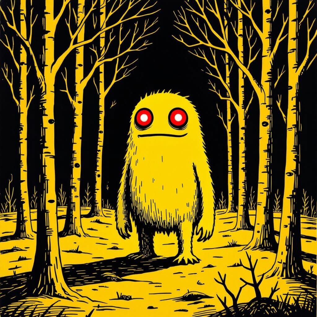 Minimalist Yellow Monster in Eerie Forest