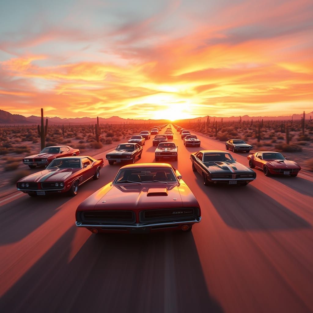 Iconic Muscle Cars Race Through Desert Sunset