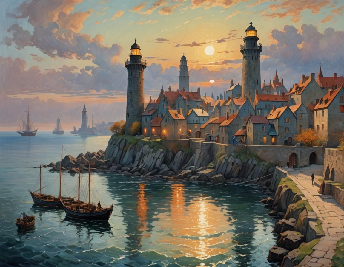 Medieval Port City: Sunset Oil Painting