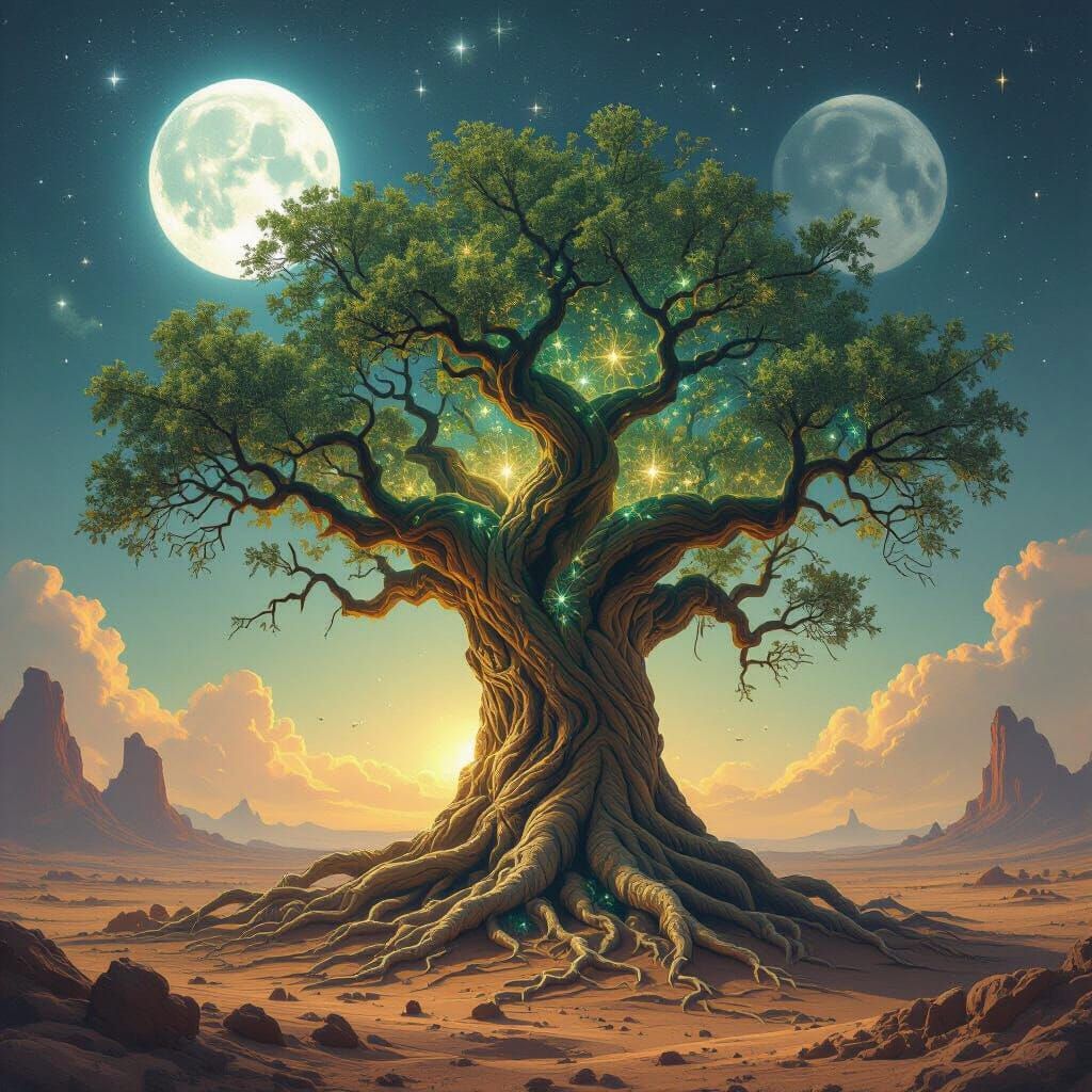 Ancient Nebula Tree With Rune Bark and Starlight Leaves