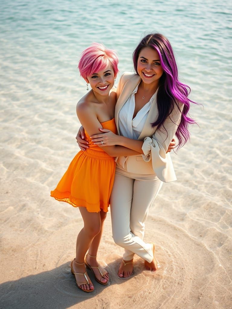 Vibrant Beach Scene with Two Women Embracing