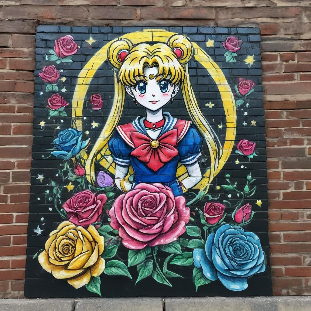(Chalk Art drawing) Sailor Moon with rainbows and roses on a brick wall chalk art chalk art chalk art