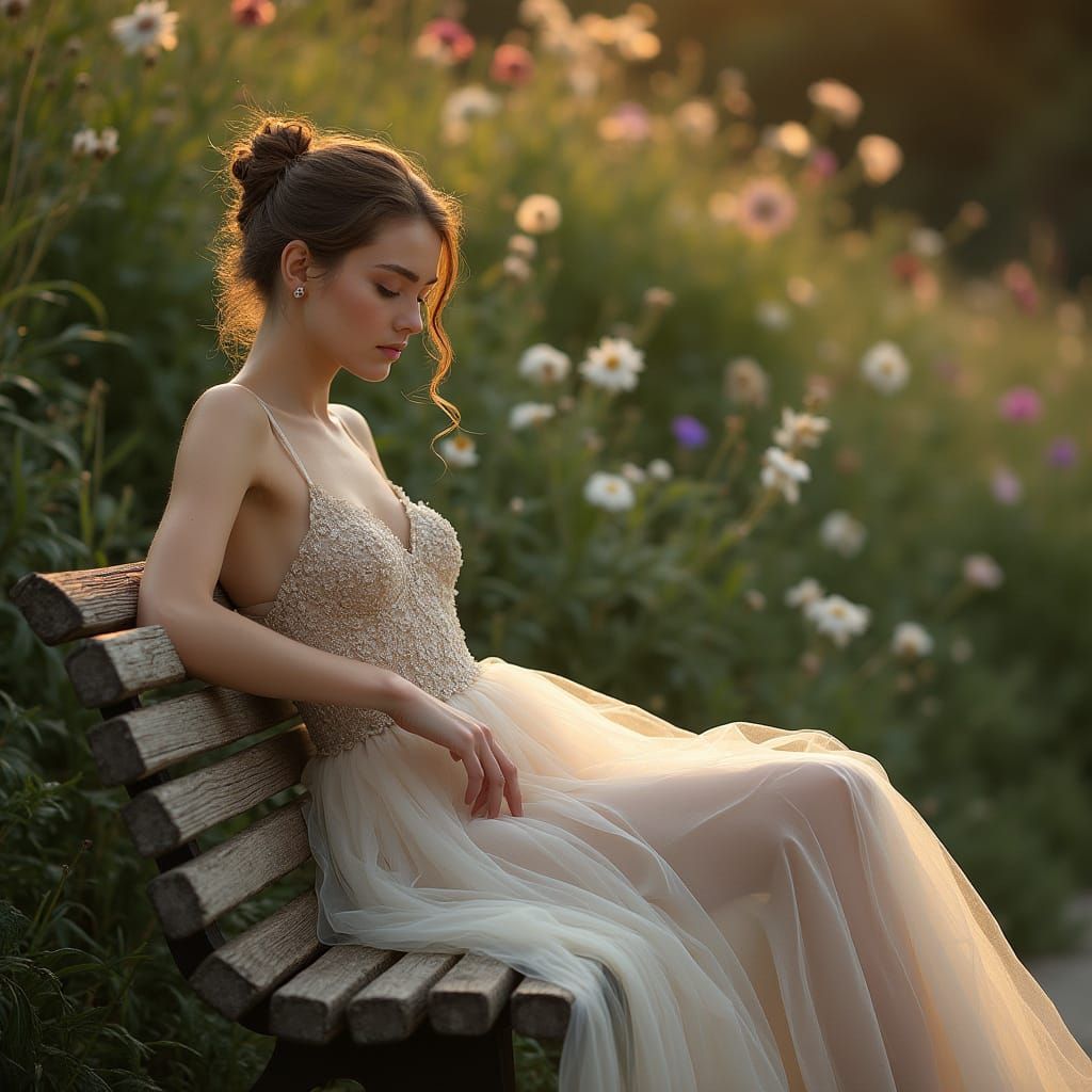 Woman in Evening Gown Sits Serenely in Park at Dusk