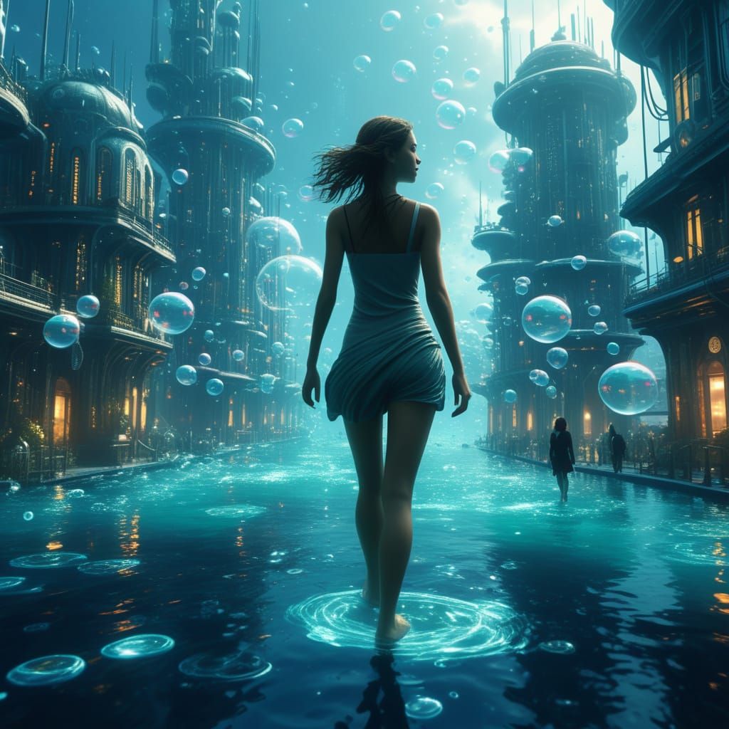 Futuristic Woman Walks in Underwater City