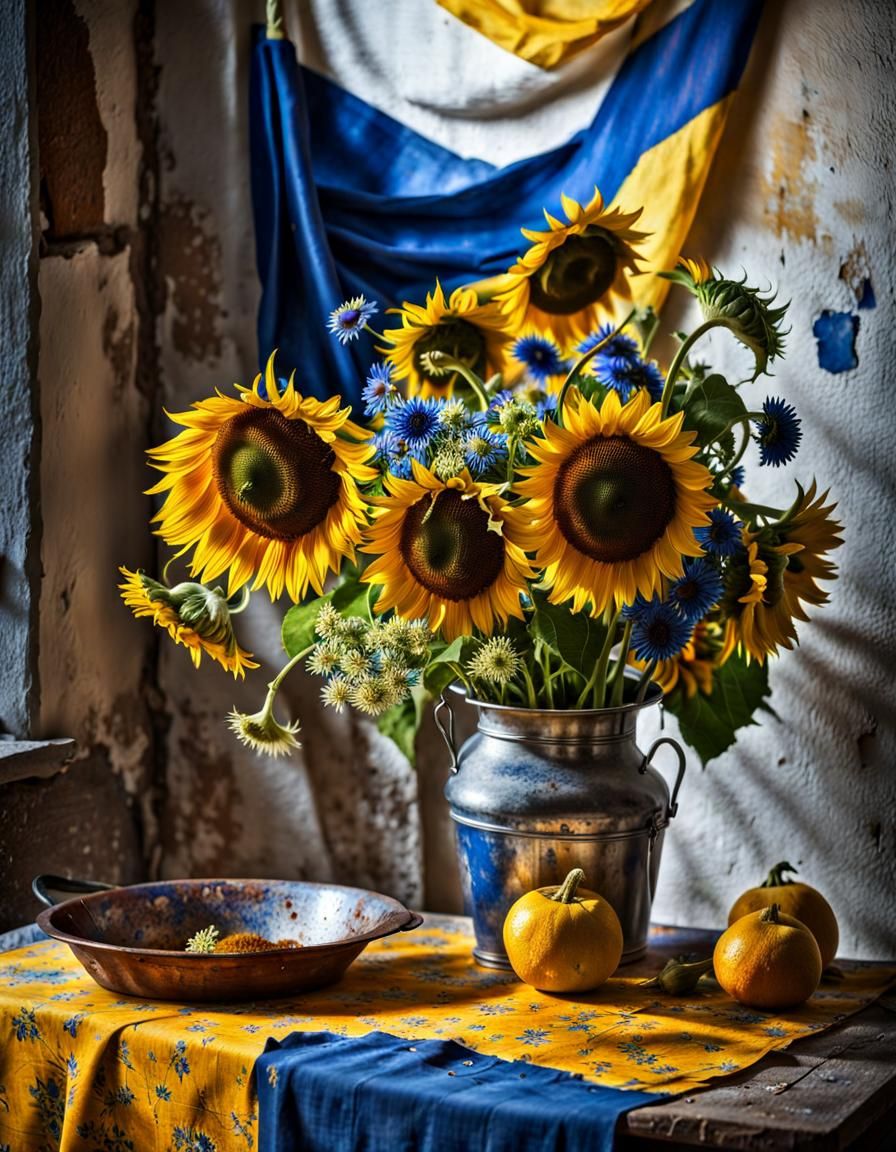 Sunflowers and Delft Blue Flowers: Hyperrealist Still Life