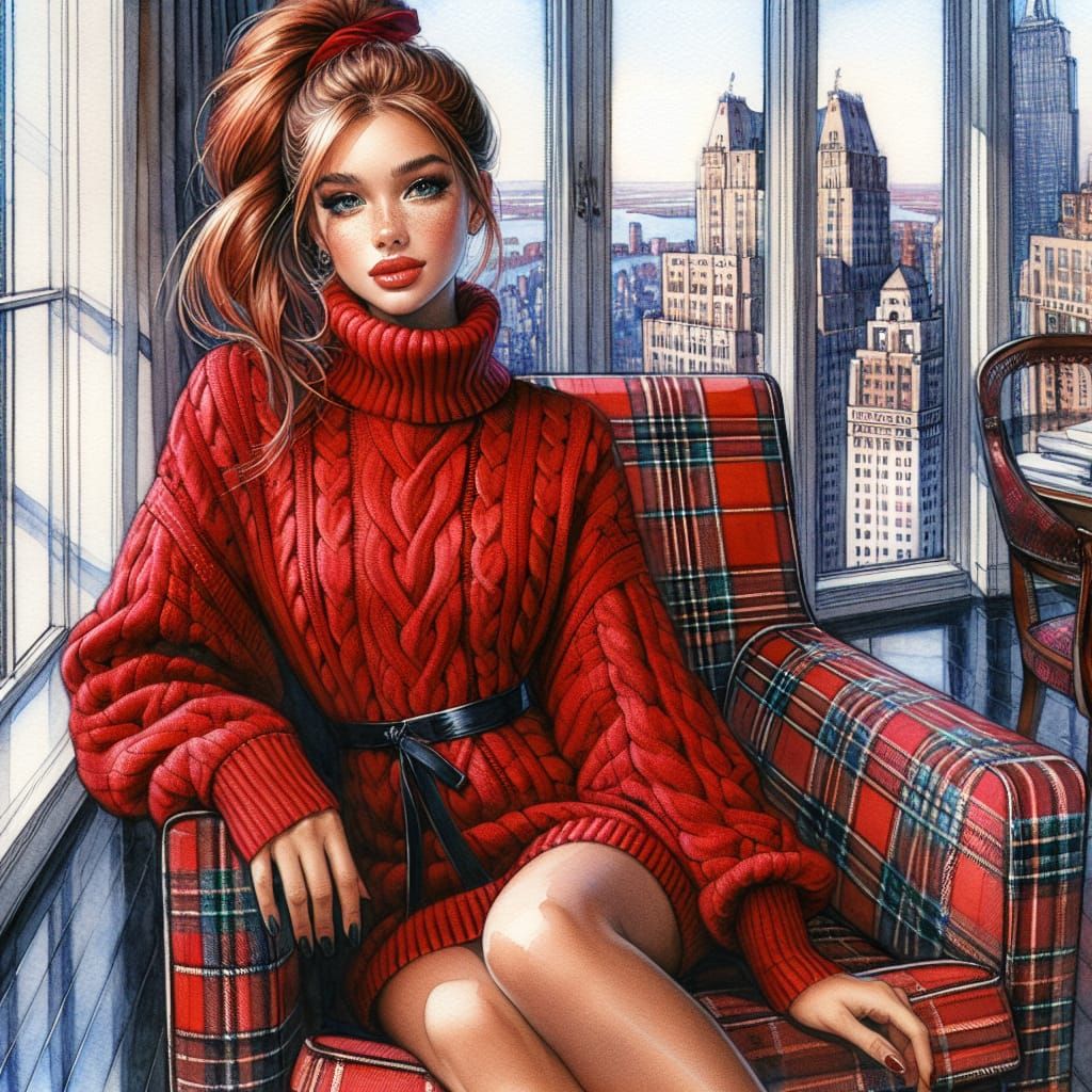 Girl in Red Dress, Watercolor Romanticism Style