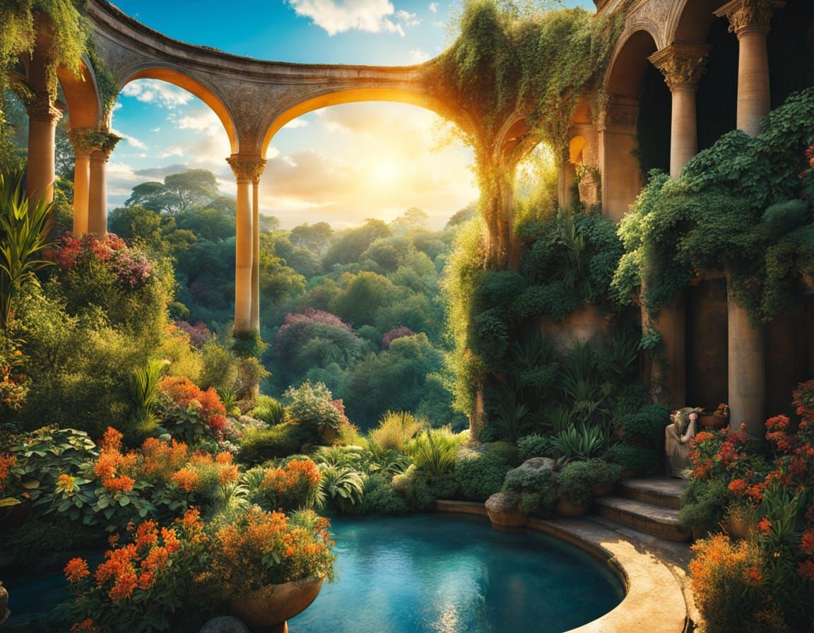 Majestic Hanging Gardens of Babylon in 19th-Century Romantic...