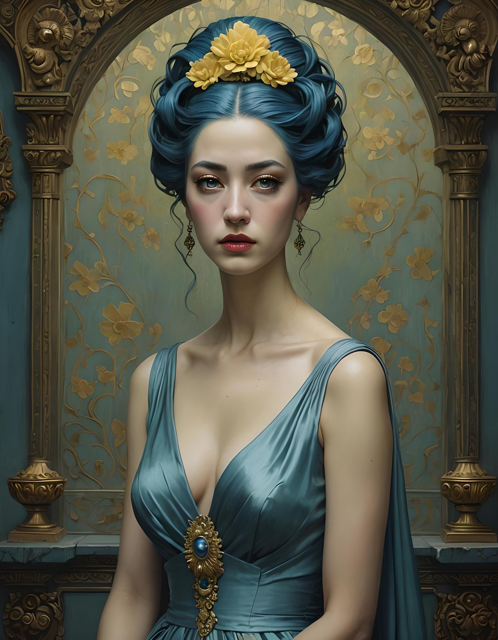 Goddess with Flowing Blue Hair in Dramatic Pose