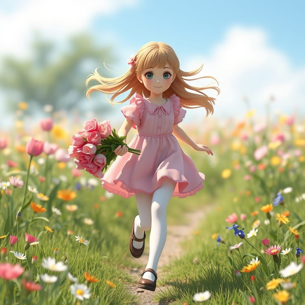 Girl Running Through Flower Meadow in Anime Style