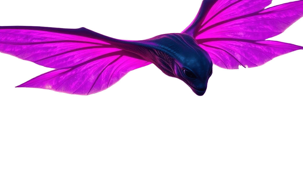 Alien with Fairy Wings Soaring Over Cyberpunk City