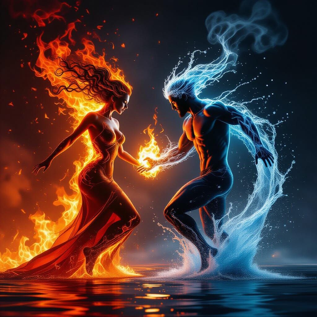 Epic Fantasy Metamorphosis: Fire and Water Elementals Dance