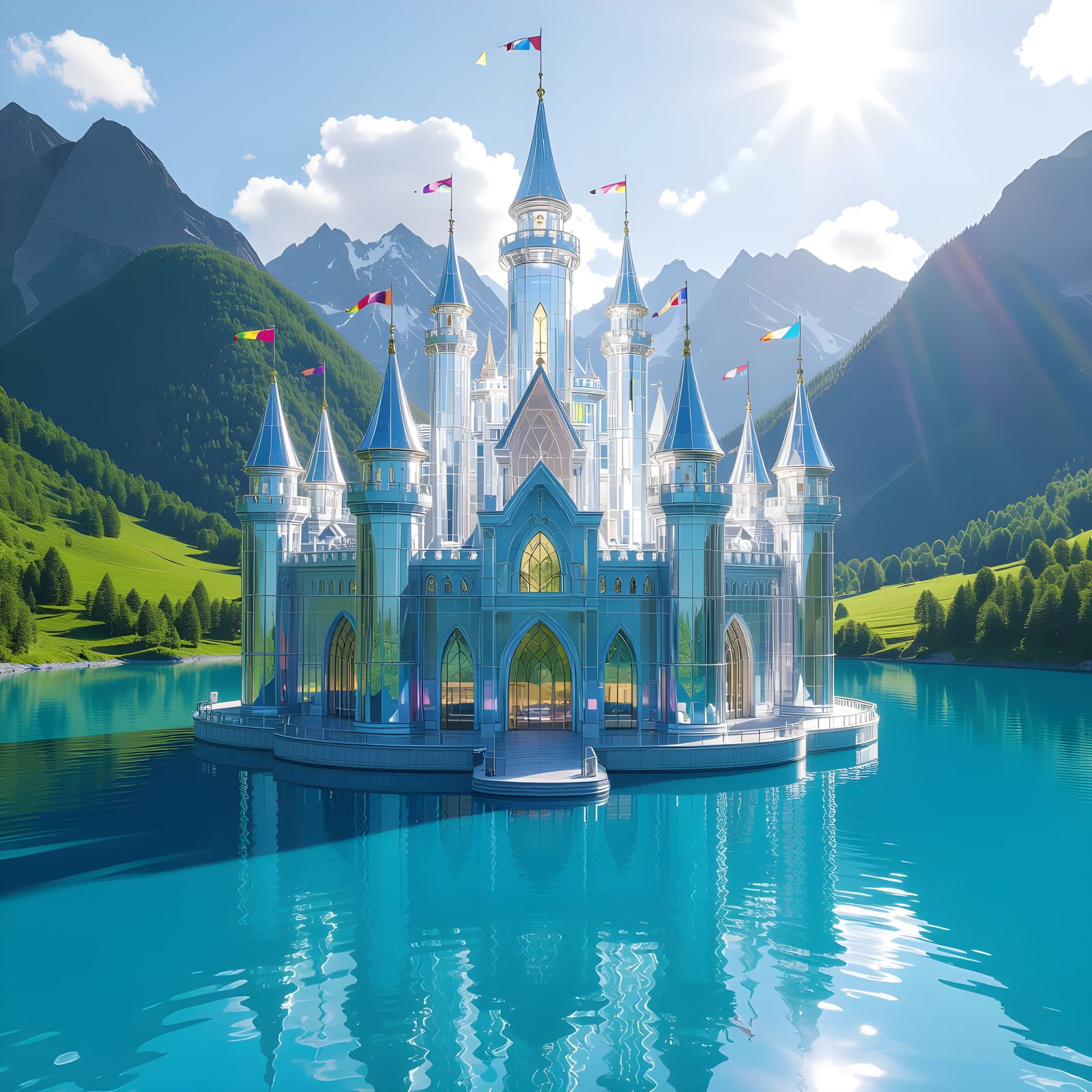 Glass Castle Reflecting in Blue Lake