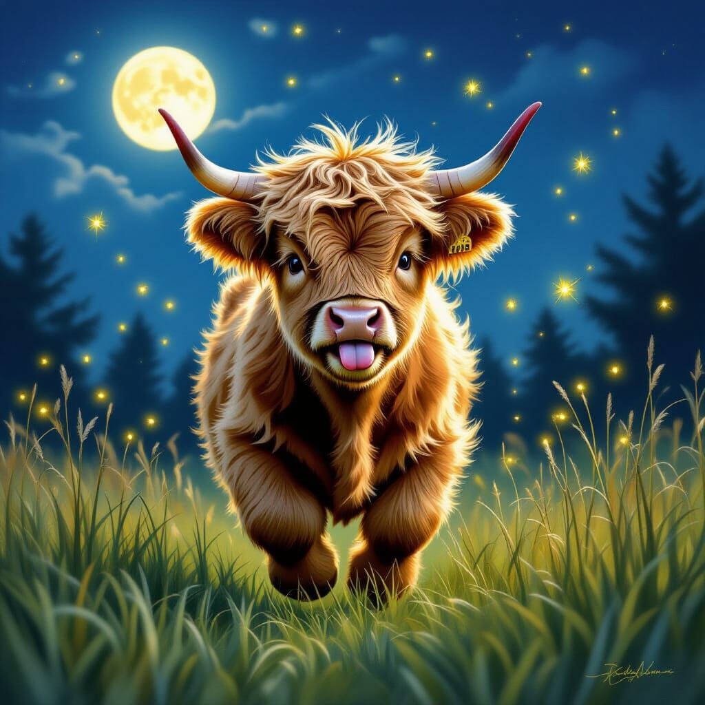Highland Calf Frolics Under a Summer Moon