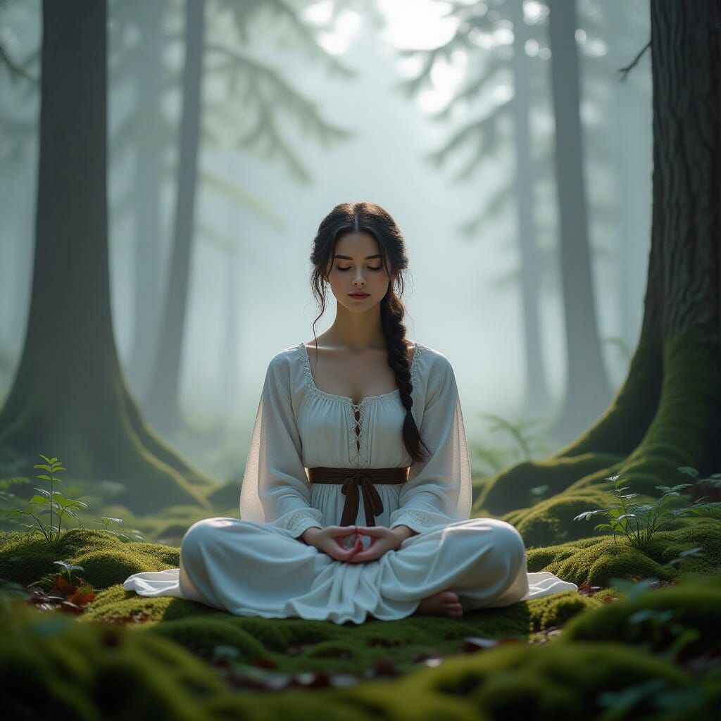 Woman Meditating in Foggy Forest, Renaissance Style