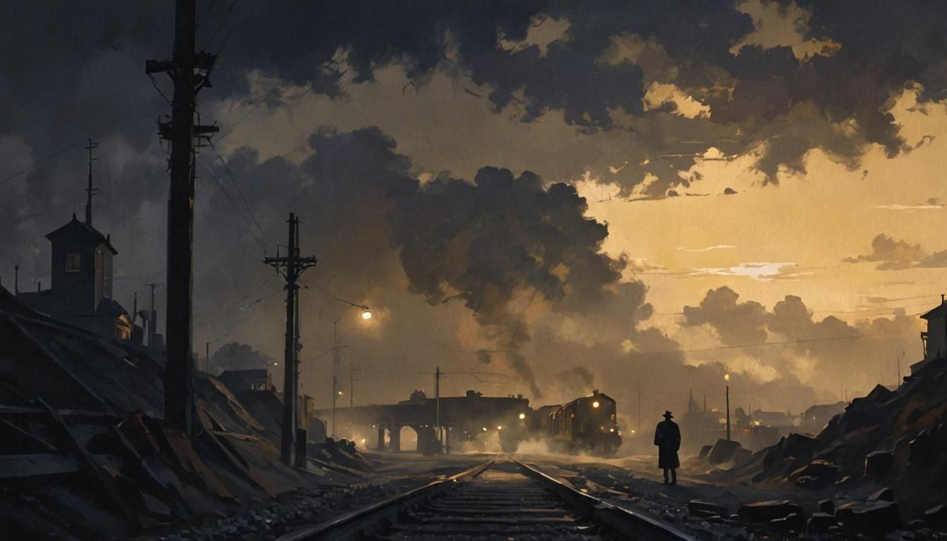 Noir Night Painting of Train Tracks