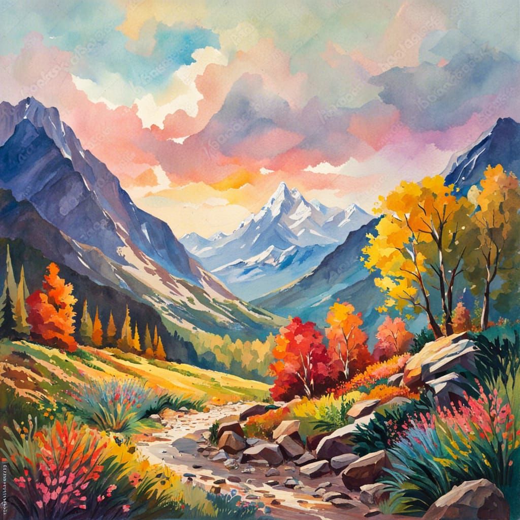 Mountain Landscape in Gouache and Watercolor Style