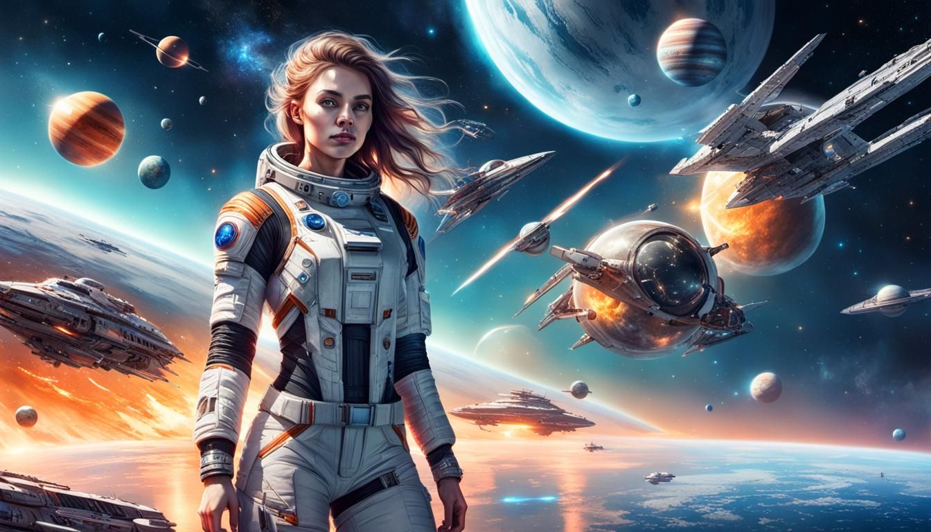 full body of flying 23 yo girl in space near space battle ship, planets,stars and water on background,dramatic lighting,...