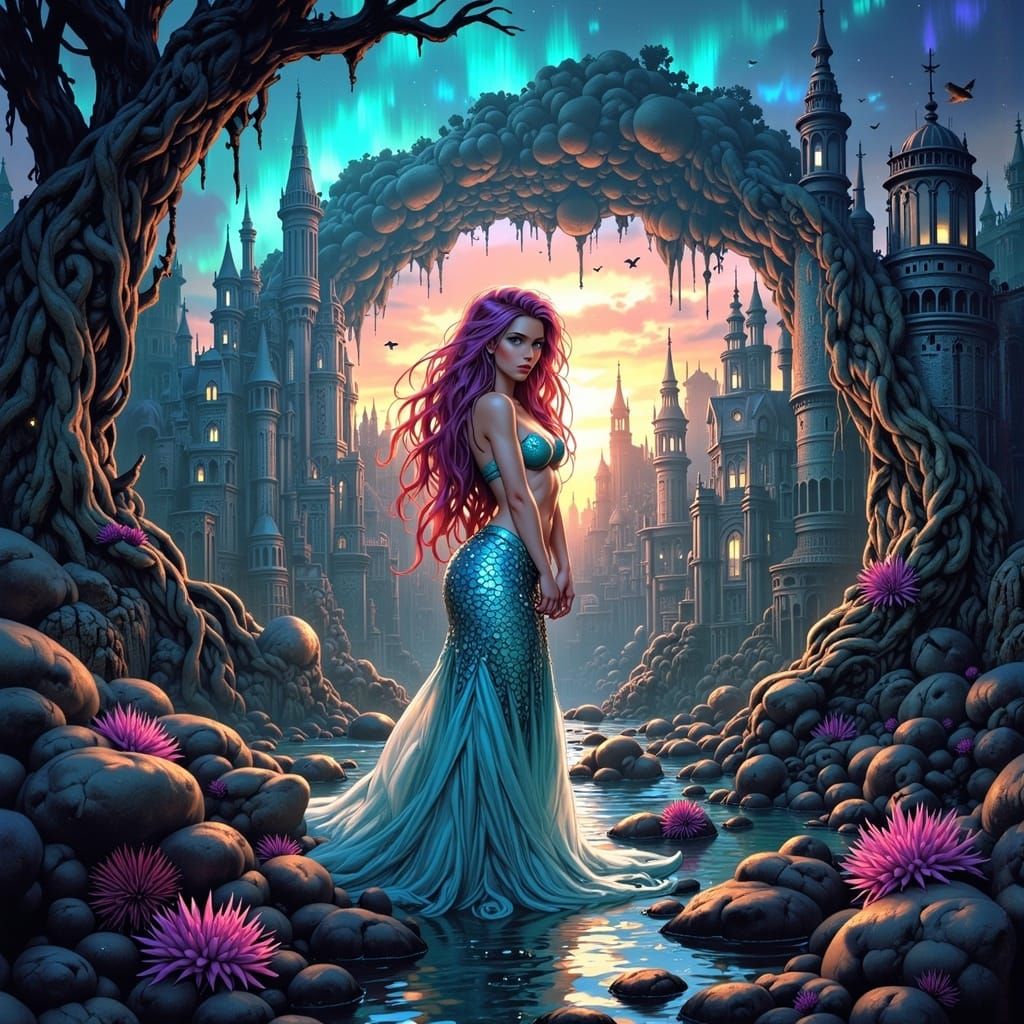 Ariel in Underwater City with Aurora Borealis