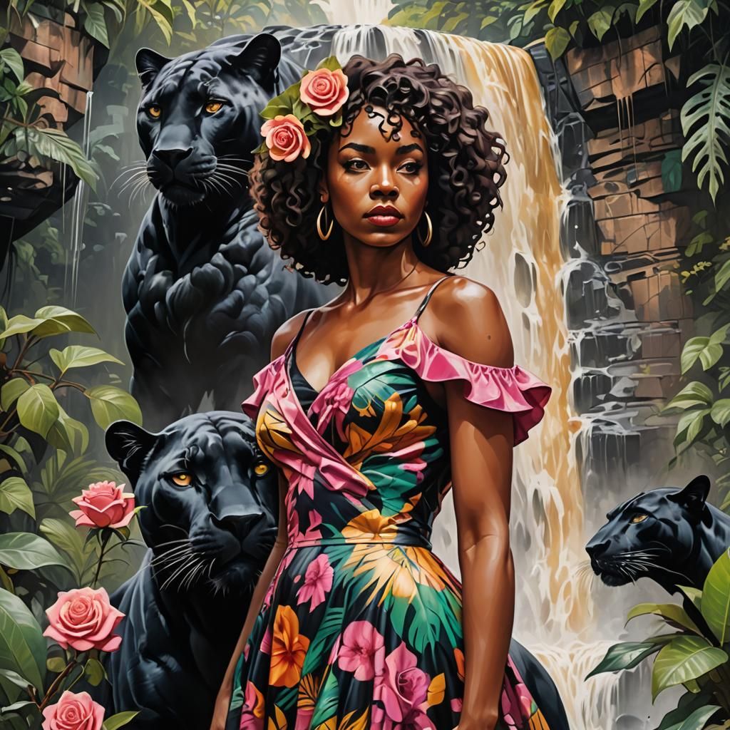 Ebony Woman and Panther in Graffiti Art