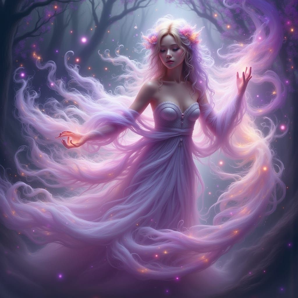 Ethereal Being Amidst Shimmering Mist