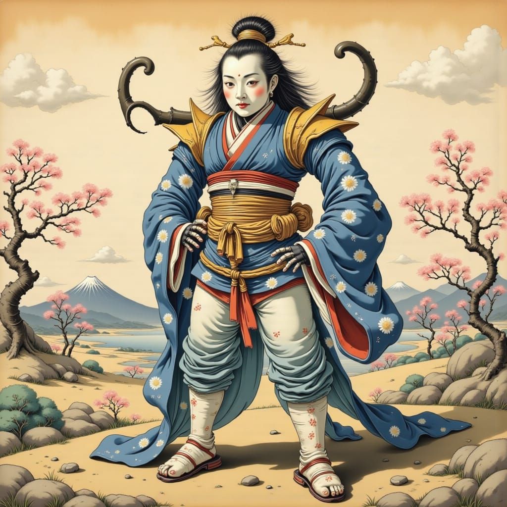 Japanese Kabuki Robot in Edo Period Ukiyo-e Style
