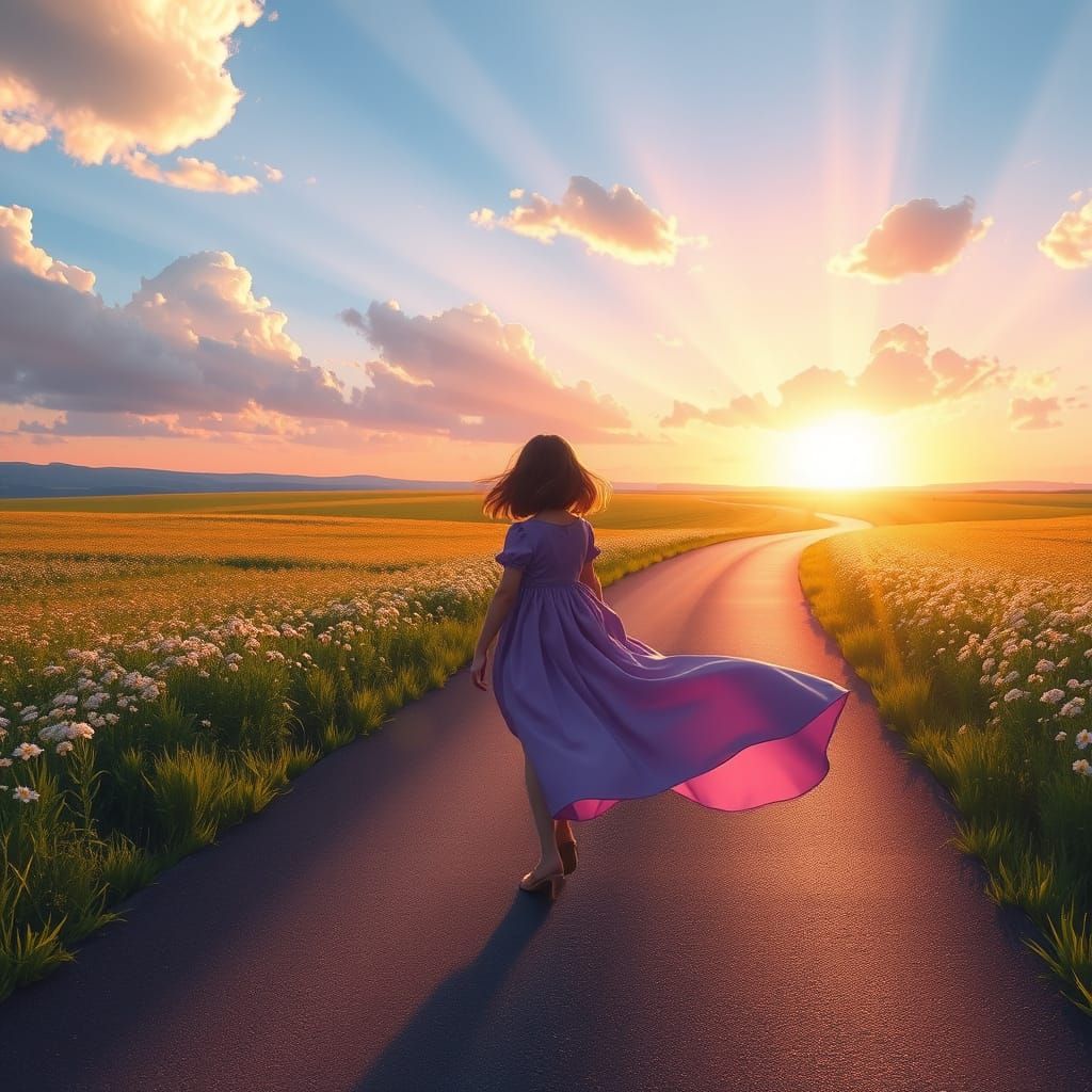 Girl Walking Away on a Wide Road Under a Vibrant Sunrise