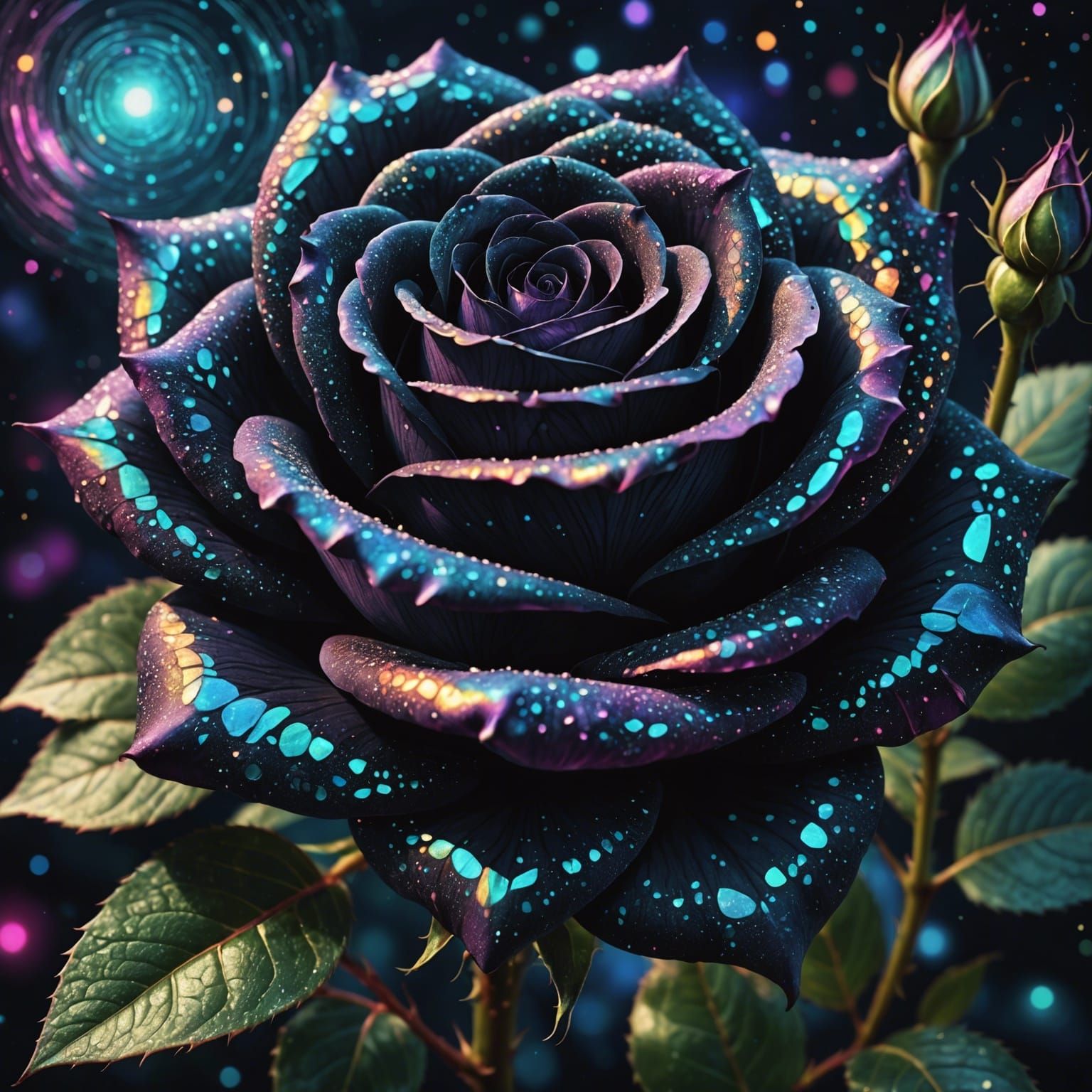 Detailed Black Rose: Holographic Cosmic Illustration
