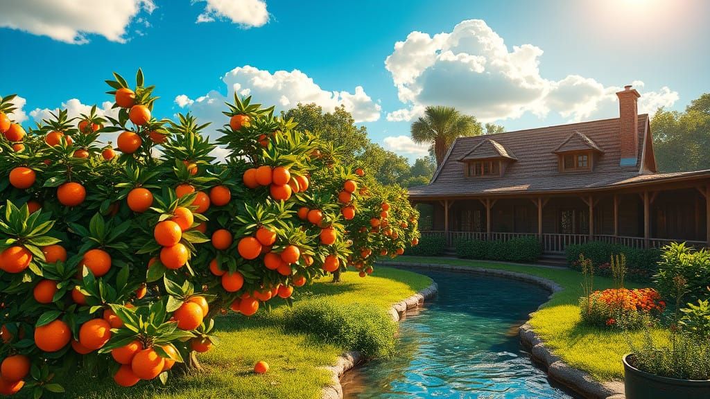 Vibrant Fantasy Orchard in Golden Light