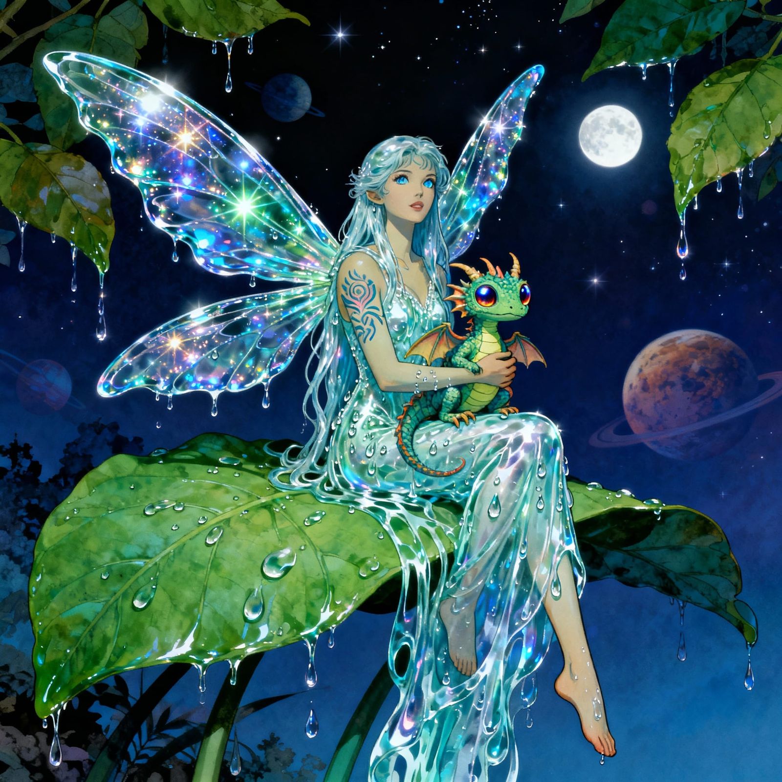 Water Fairy and Baby Dragon in Mythic Nightscape