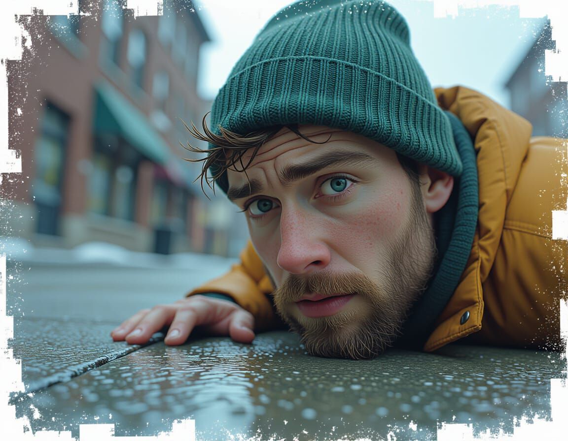 Photorealistic Addict on Cold Pavement: Cinematic Close-Up