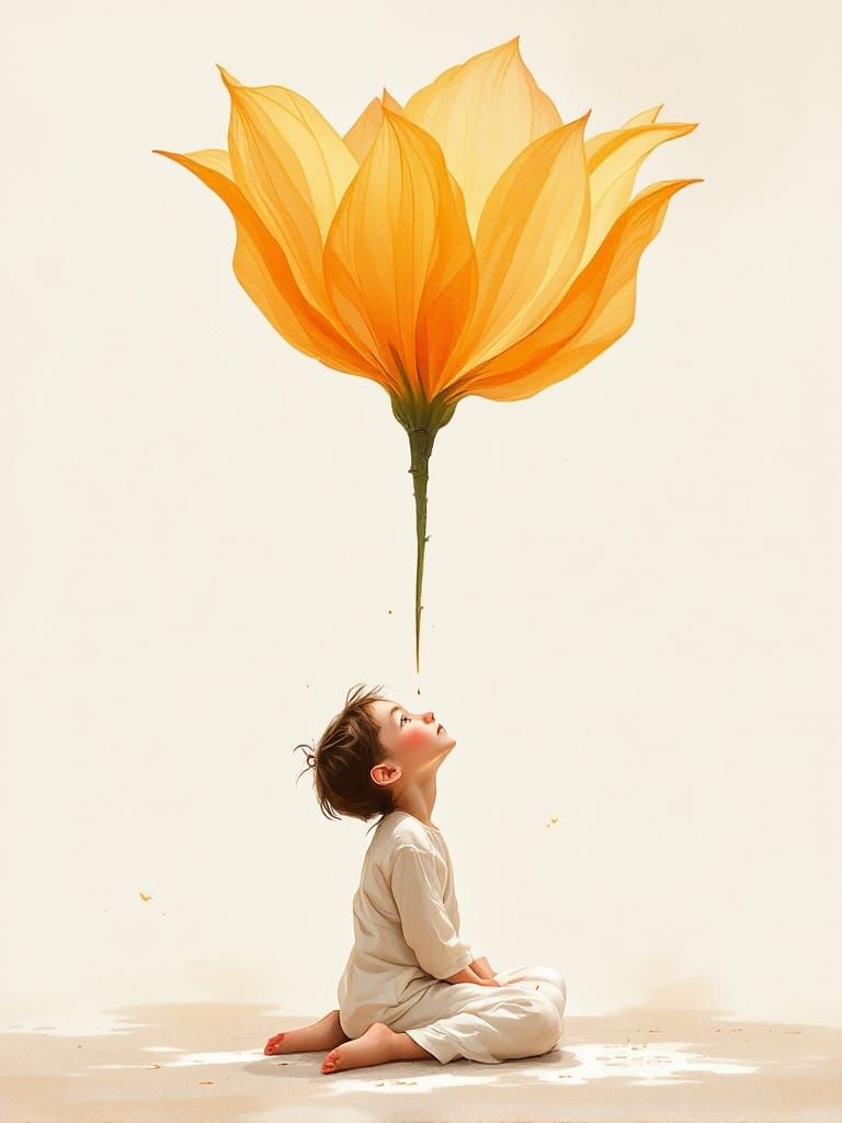 Child Lost in Contemplation Amidst Majestic Orange Blossom