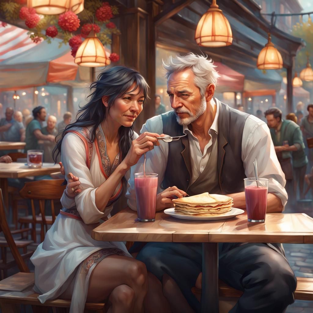 Cafe Date: Middle-Aged Couple Enjoying Crepes