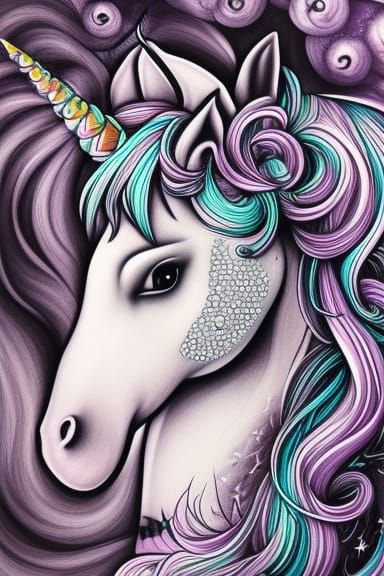 Unicorn Portrait with Stars, Birds and Flowers