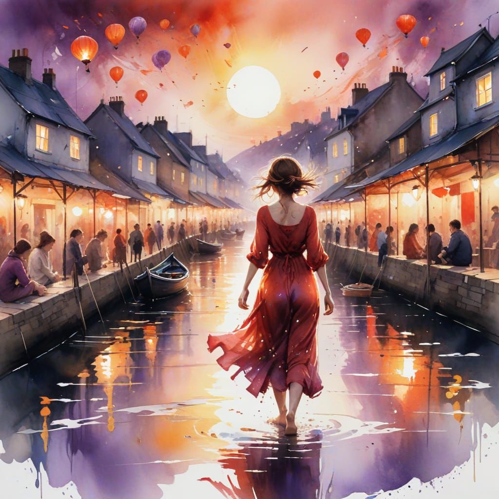 Whimsical Seaside Festival Under Vibrant Sunset Skies