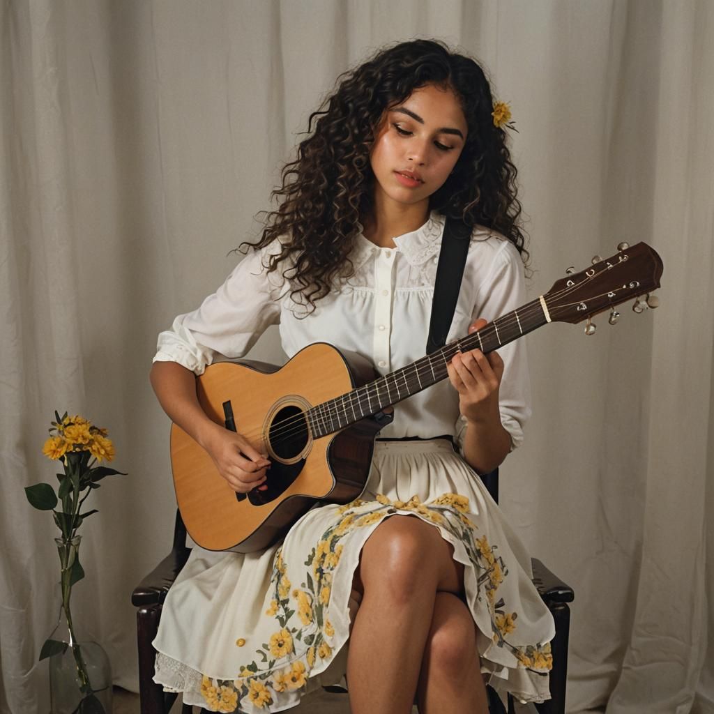 Girl Playing Guitar in Dimly Lit Room