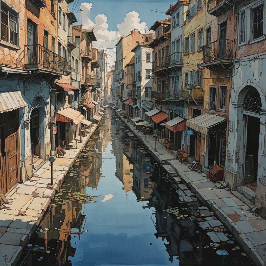 Gouache Painting of Shadows Consuming a City