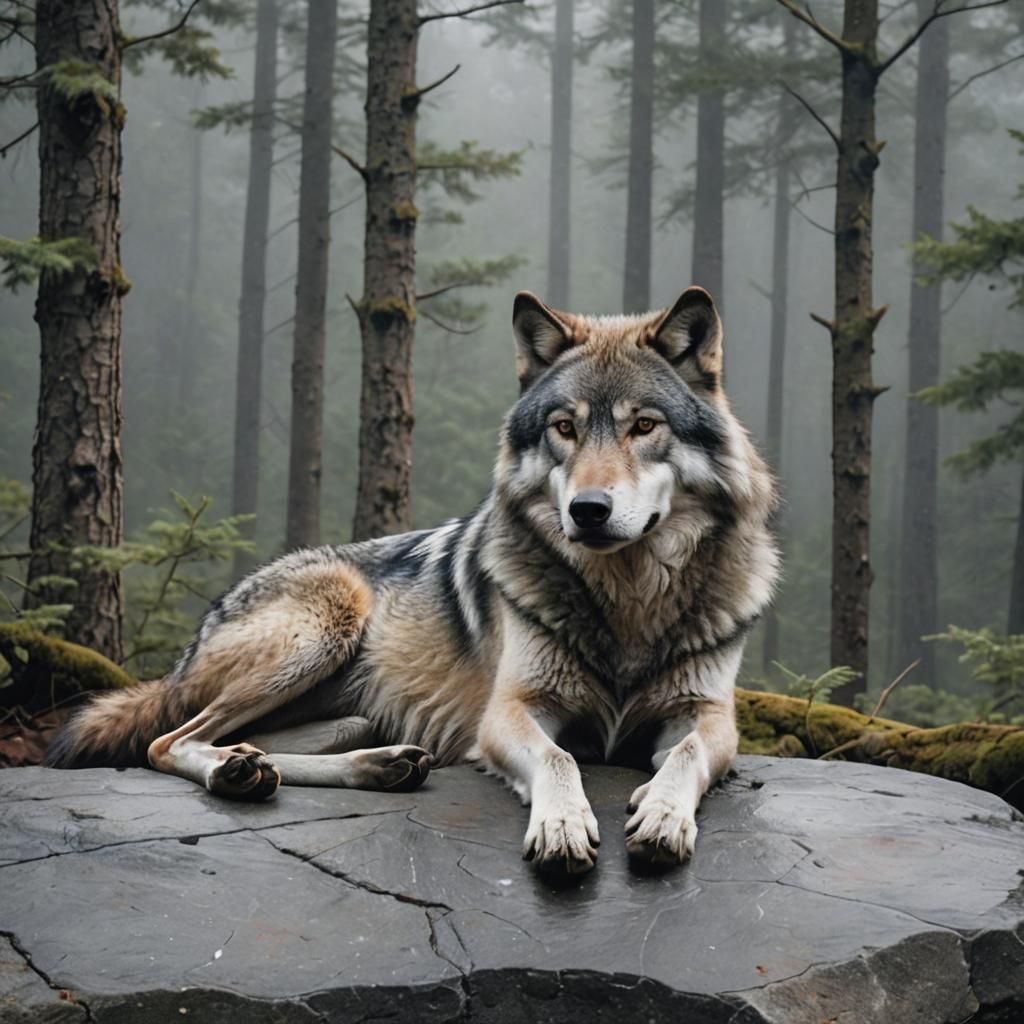 Grey Wolf Resting in Monochromatic Forest
