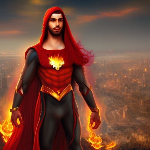 Arabian Fire Superhero in Detailed Matte Painting