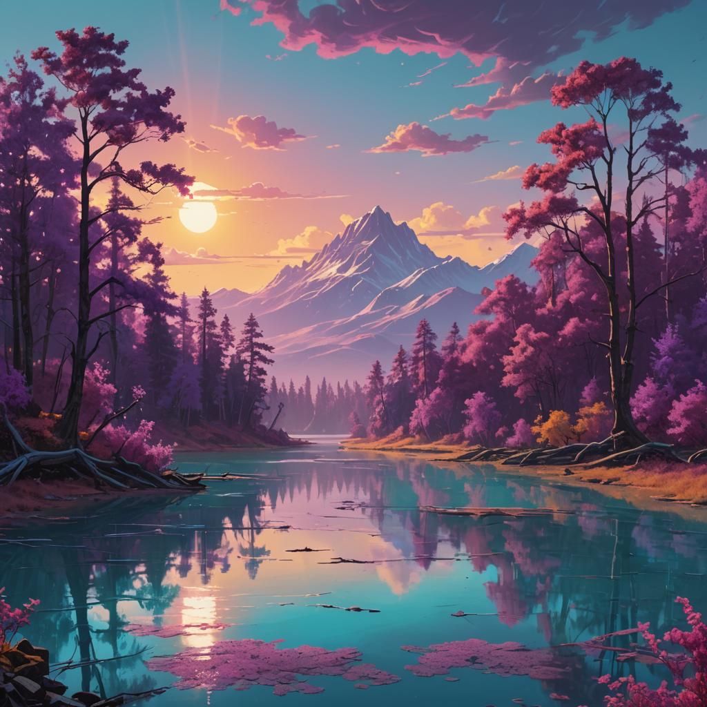 Turquoise Lake Surrounded by Purple Trees in Fantasy Landsca...