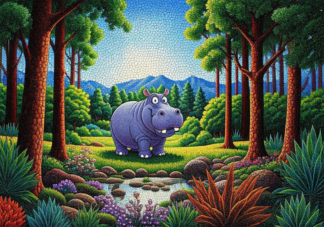 Marble Landscape with Cartoon Hippopotamus